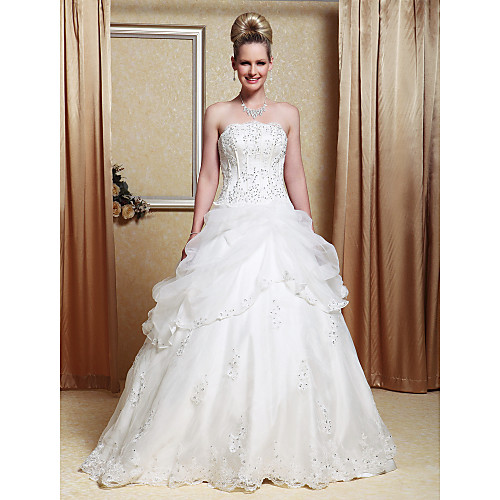 

Princess A-Line Wedding Dresses Strapless Floor Length Organza Satin Sleeveless Sparkle & Shine with Pick Up Skirt Beading Appliques 2021