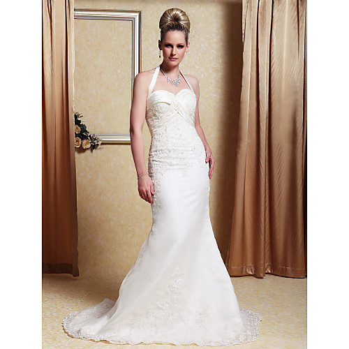 

Mermaid / Trumpet Wedding Dresses Halter Neck Sweetheart Neckline Sweep / Brush Train Organza Satin Sleeveless with 2021