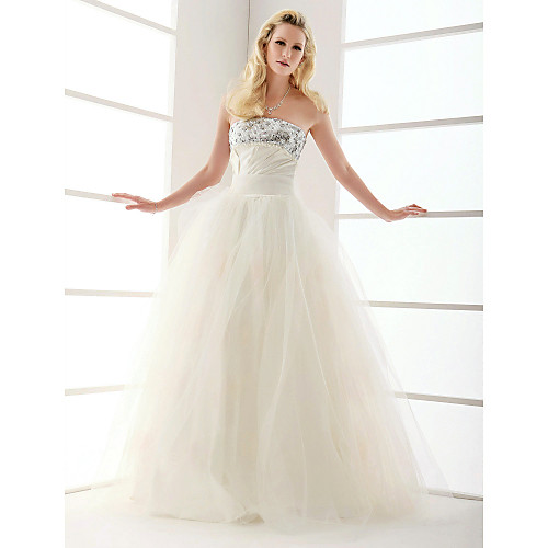 

Ball Gown Wedding Dresses Strapless Floor Length Satin Tulle Sleeveless with 2021