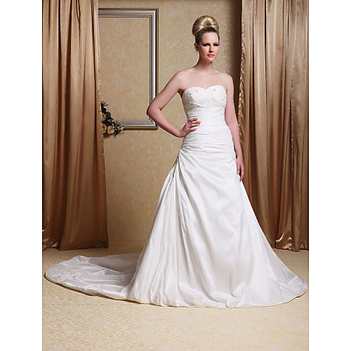 

Princess A-Line Wedding Dresses Sweetheart Neckline Cathedral Train Taffeta Sleeveless Open Back with Ruched Beading Appliques 2021