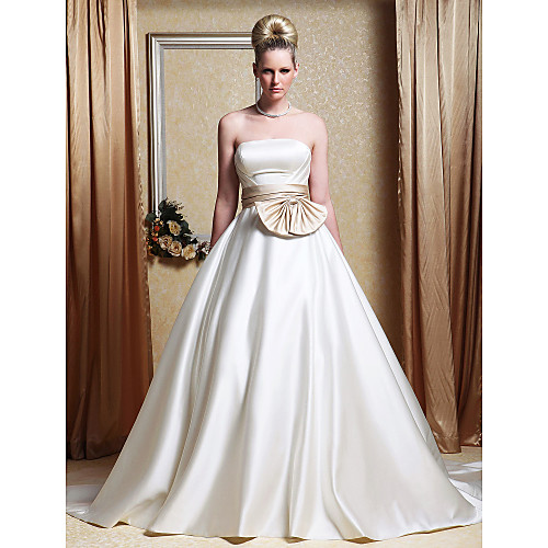 

Princess A-Line Wedding Dresses Strapless Chapel Train Satin Strapless Wedding Dress in Color with Bowknot Sash / Ribbon Side-Draped 2021