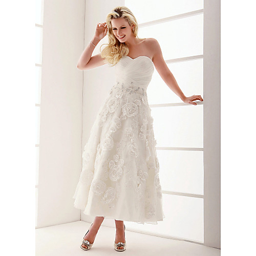 

A-Line Wedding Dresses Sweetheart Neckline Ankle Length Organza Floral Lace Strapless Formal Casual Illusion Detail with Beading Appliques Criss-Cross 2021