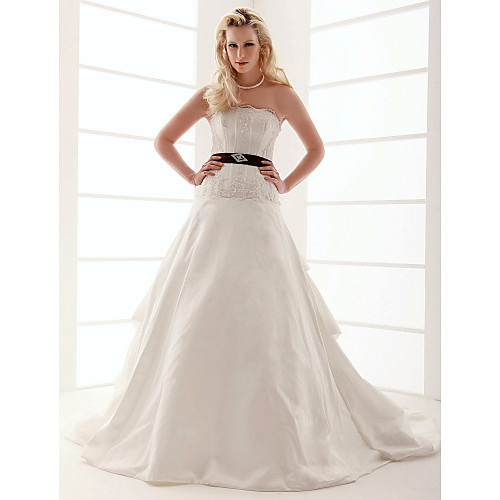 

Princess A-Line Wedding Dresses Strapless Scalloped-Edge Floor Length Taffeta Sleeveless Wedding Dress in Color with 2021