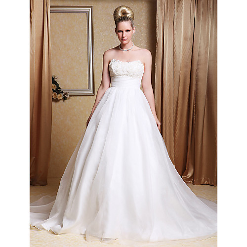 

Princess A-Line Wedding Dresses Sweetheart Neckline Strapless Chapel Train Organza Satin Sleeveless with 2021