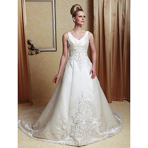 

Princess A-Line Wedding Dresses V Neck Chapel Train Satin Sleeveless with 2021