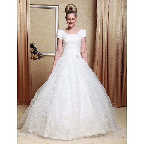 

Ball Gown Wedding Dresses Scoop Neck Floor Length Organza Satin Short Sleeve Open Back with Sash / Ribbon Crystals Crystal Floral Pin 2021