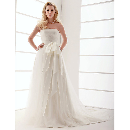 

A-Line Wedding Dresses Strapless Sweep / Brush Train Tulle Sleeveless with Bowknot Sash / Ribbon Criss-Cross 2021