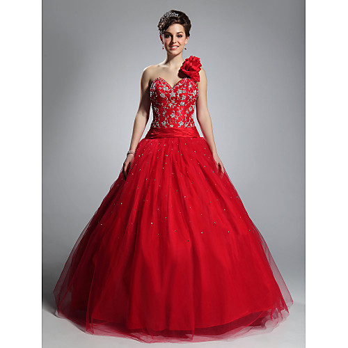 

Ball Gown Open Back Quinceanera Prom Formal Evening Dress One Shoulder Sweetheart Neckline Sleeveless Floor Length Tulle with Beading Ruffles Embroidery 2021
