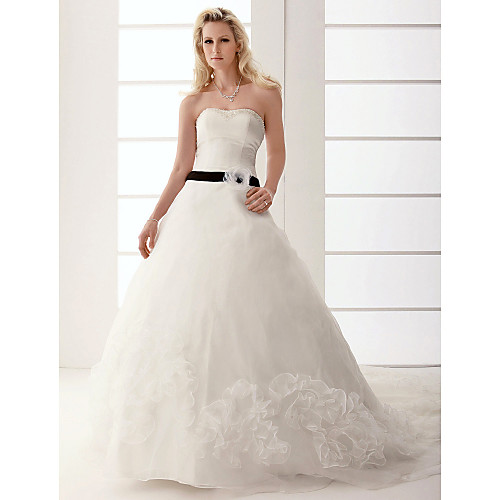 

Princess A-Line Wedding Dresses Sweetheart Neckline Strapless Chapel Train Organza Satin Sleeveless Wedding Dress in Color with 2021