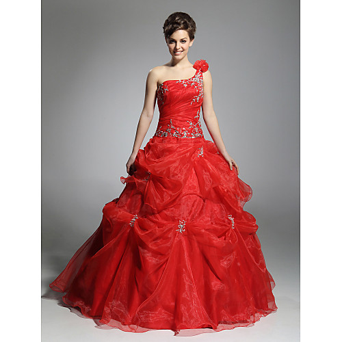 

Ball Gown Elegant Quinceanera Formal Evening Dress One Shoulder Sleeveless Floor Length Organza with Pick Up Skirt Beading 2021