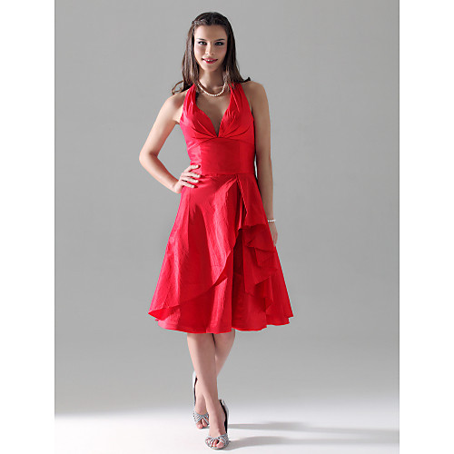 

Princess / A-Line Halter Neck / V Neck Knee Length Taffeta Bridesmaid Dress with Ruffles / Side Draping