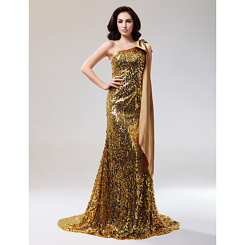 

Sheath / Column Open Back Formal Evening Military Ball Dress One Shoulder Sleeveless Court Train Stretch Satin Sequined with Bow(s) 2021