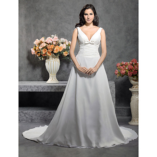 

Princess A-Line Wedding Dresses Straps V Neck Court Train Chiffon Sleeveless with 2021