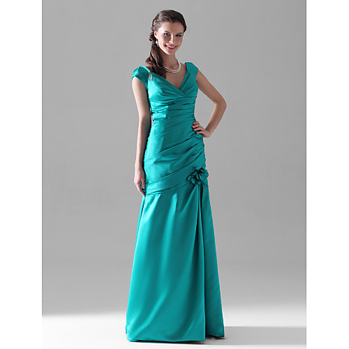 

Mermaid / Trumpet V Neck Floor Length Satin Bridesmaid Dress with Ruched / Side Draping / Flower