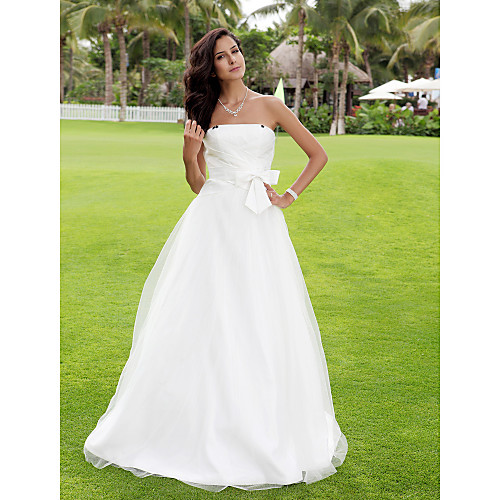 

Princess A-Line Wedding Dresses Strapless Floor Length Satin Tulle Sleeveless with 2021