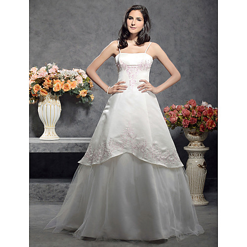 

Princess A-Line Wedding Dresses Square Neck Floor Length Satin Tulle Spaghetti Strap Wedding Dress in Color with 2021