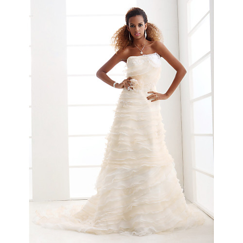 

Princess A-Line Wedding Dresses Strapless Court Train Organza Satin Sleeveless with 2021