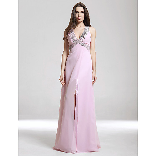 

Sheath / Column Formal Evening Military Ball Dress V Neck Sleeveless Floor Length Chiffon Stretch Satin with Beading Split Front 2021