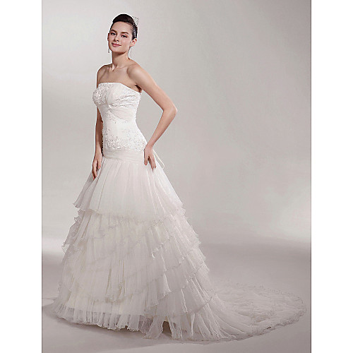 

Princess A-Line Wedding Dresses Strapless Court Train Organza Satin Sleeveless with 2021