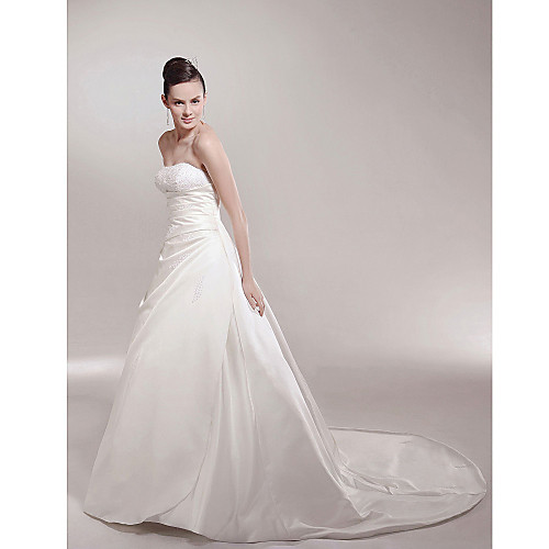 

Princess A-Line Wedding Dresses Strapless Chapel Train Satin Sleeveless with 2021