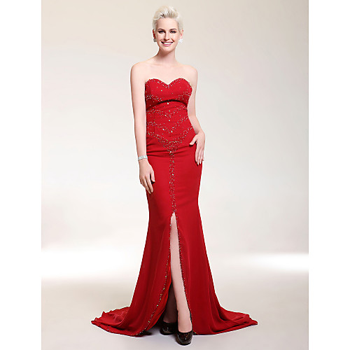 

Sheath / Column Open Back Prom Formal Evening Military Ball Dress Sweetheart Neckline Strapless Sleeveless Sweep / Brush Train Chiffon Stretch Satin with Crystals Beading Split Front 2021