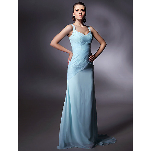 

Sheath / Column Elegant All Celebrity Styles Inspired by Cannes Film Festival Prom Formal Evening Military Ball Dress Straps V Neck Sleeveless Sweep / Brush Train Chiffon with Criss Cross Draping 2021