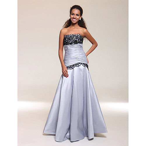 

Ball Gown Open Back Prom Formal Evening Military Ball Dress Scalloped Neckline Strapless Sleeveless Floor Length Taffeta with Lace Ruched 2021