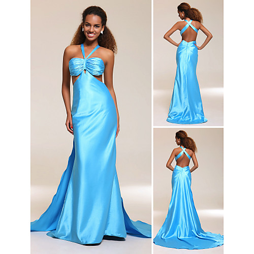 

Sheath / Column Open Back Prom Formal Evening Military Ball Dress V Neck Sleeveless Court Train Sweep / Brush Train Charmeuse with Ruched 2021