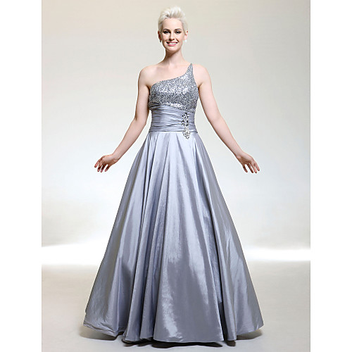 

Ball Gown Sparkle & Shine Prom Formal Evening Military Ball Dress One Shoulder Sleeveless Floor Length Taffeta Sequined with Ruched Beading Sequin 2021