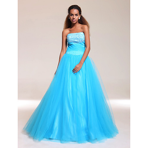 

Ball Gown A-Line Quinceanera Prom Military Ball Dress Strapless Sleeveless Floor Length Satin Tulle with Ruched Beading Appliques 2021