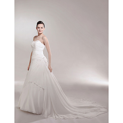 

Princess A-Line Wedding Dresses Sweetheart Neckline Strapless Cathedral Train Chiffon Sleeveless with 2021