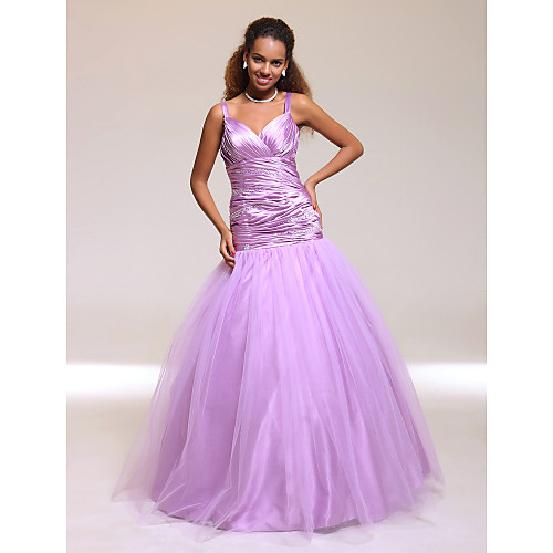 

Ball Gown Quinceanera Prom Formal Evening Dress V Neck Spaghetti Strap Sleeveless Floor Length Tulle Stretch Satin with Criss Cross Pleats Ruched 2021