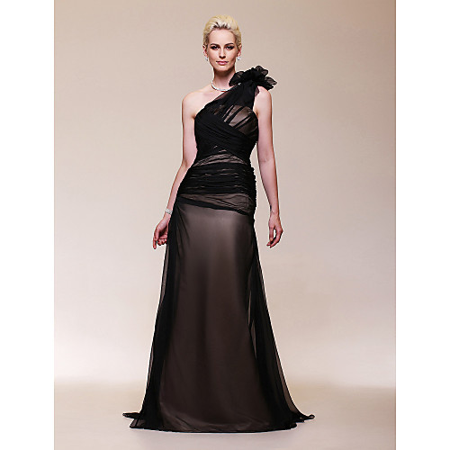 

A-Line Celebrity Style Elegant Formal Evening Military Ball Dress One Shoulder Sleeveless Sweep / Brush Train Chiffon with Ruched Side Draping Flower 2021