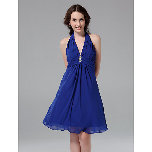 

Princess / A-Line Halter Neck / V Neck Knee Length Chiffon Bridesmaid Dress with Ruched / Draping / Crystal Brooch
