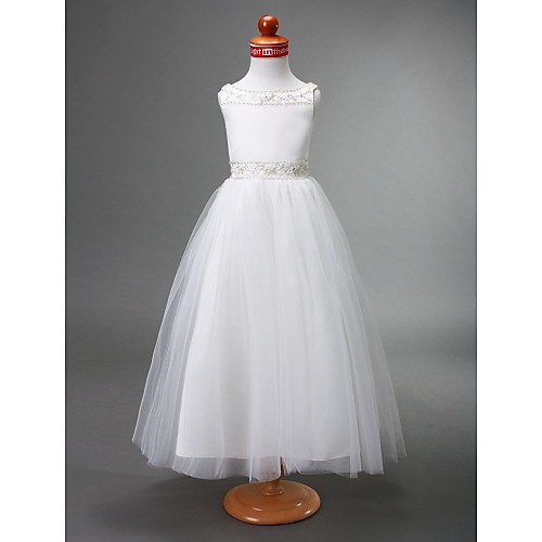 

Princess / A-Line Floor Length Wedding / First Communion Flower Girl Dresses - Satin / Tulle Sleeveless Bateau Neck with Beading / Draping / Spring / Summer / Fall / Winter