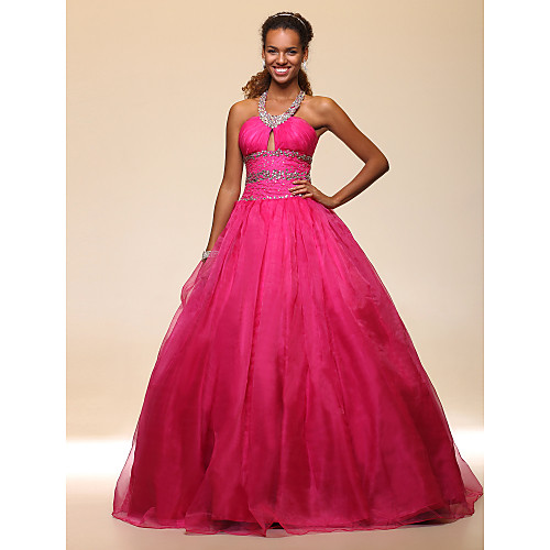 

Ball Gown Open Back Quinceanera Prom Formal Evening Dress Halter Neck Sleeveless Floor Length Organza Satin with Beading Draping 2021
