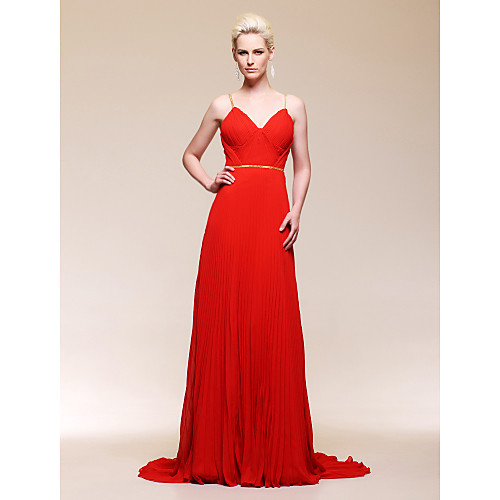 

Ball Gown All Celebrity Styles Open Back Formal Evening Military Ball Dress V Neck Spaghetti Strap Sleeveless Sweep / Brush Train Chiffon with Sash / Ribbon Pleats 2021