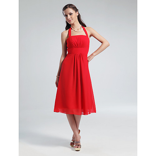 

A-Line Halter Neck Knee Length Chiffon Bridesmaid Dress with Draping