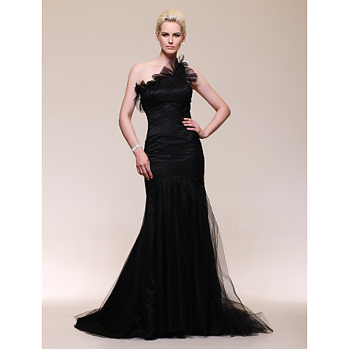 

Mermaid / Trumpet Celebrity Style Inspired by Golden Globe Formal Evening Dress One Shoulder Sleeveless Sweep / Brush Train Satin Tulle with Ruffles Side Draping 2021