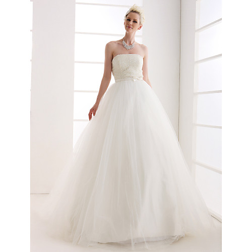 

Ball Gown Wedding Dresses Strapless Floor Length Tulle Strapless with Bowknot Sash / Ribbon Beading 2021