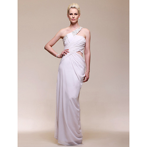 

Sheath / Column Open Back Formal Evening Military Ball Dress One Shoulder Sleeveless Floor Length Chiffon with Beading Side Draping 2021