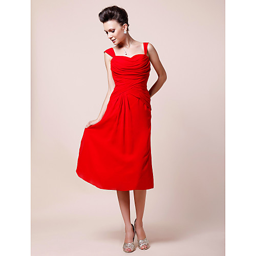 

A-Line Mother of the Bride Dress Floral Straps Sweetheart Neckline Tea Length Chiffon Sleeveless with Ruched Side Draping 2021