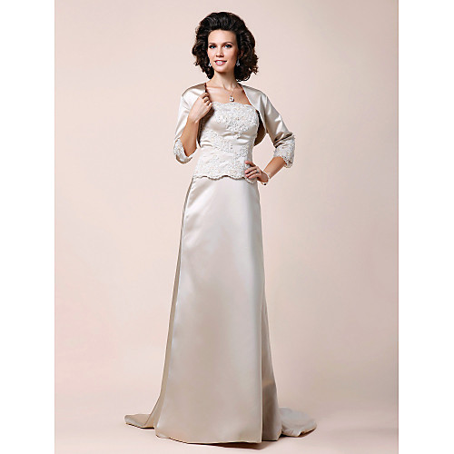 

A-Line Mother of the Bride Dress Scalloped Neckline Strapless Sweep / Brush Train Satin Long Sleeve with Lace Draping Appliques 2021