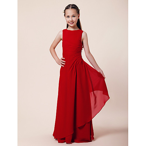 

A-Line / Sheath / Column Bateau Neck Floor Length Chiffon Junior Bridesmaid Dress with Beading / Side Draping / Spring / Summer / Fall / Winter / Wedding Party