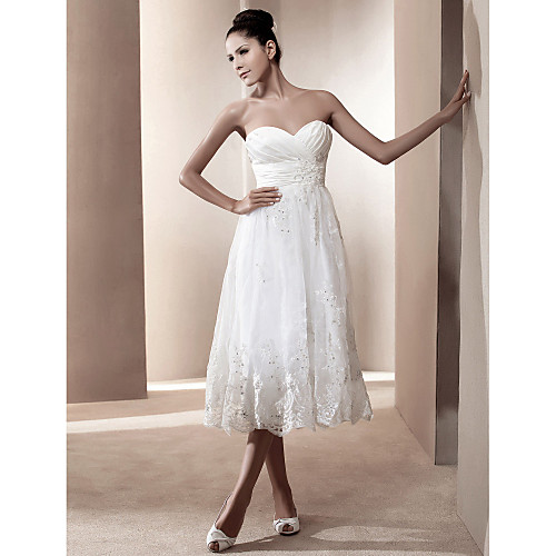 

Princess A-Line Wedding Dresses Sweetheart Neckline Strapless Tea Length Organza Satin Sleeveless with 2021