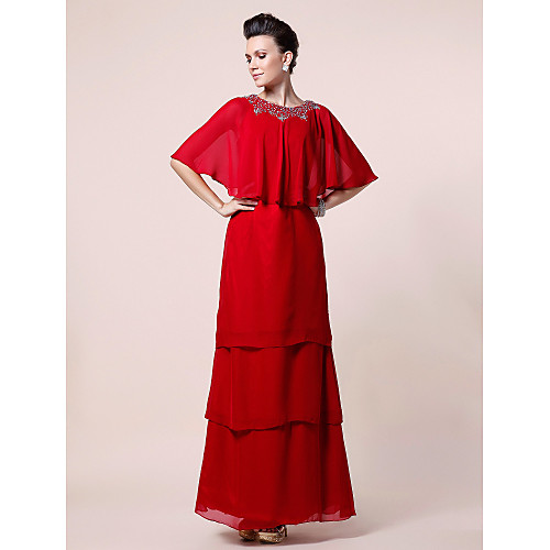 

A-Line Mother of the Bride Dress Jewel Neck Floor Length Chiffon Half Sleeve with Beading 2021