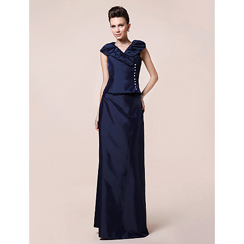 

Sheath / Column Formal Evening Wedding Party Dress V Neck Short Sleeve Floor Length Taffeta with Buttons Draping 2021