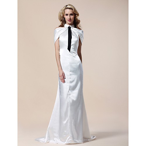 

Mermaid / Trumpet Formal Evening Military Ball Dress Halter Neck Off Shoulder Short Sleeve Sweep / Brush Train Stretch Satin with Side Draping 2021