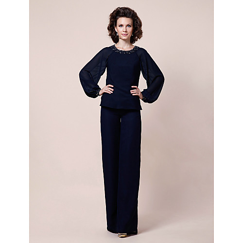 

Sheath / Column Mother of the Bride Dress Jewel Neck Floor Length Chiffon Long Sleeve with Beading 2021