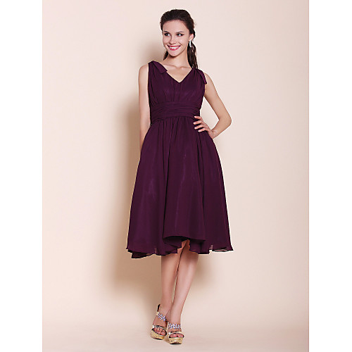 

Ball Gown / A-Line V Neck Knee Length Chiffon Bridesmaid Dress with Bow(s) / Ruched / Draping